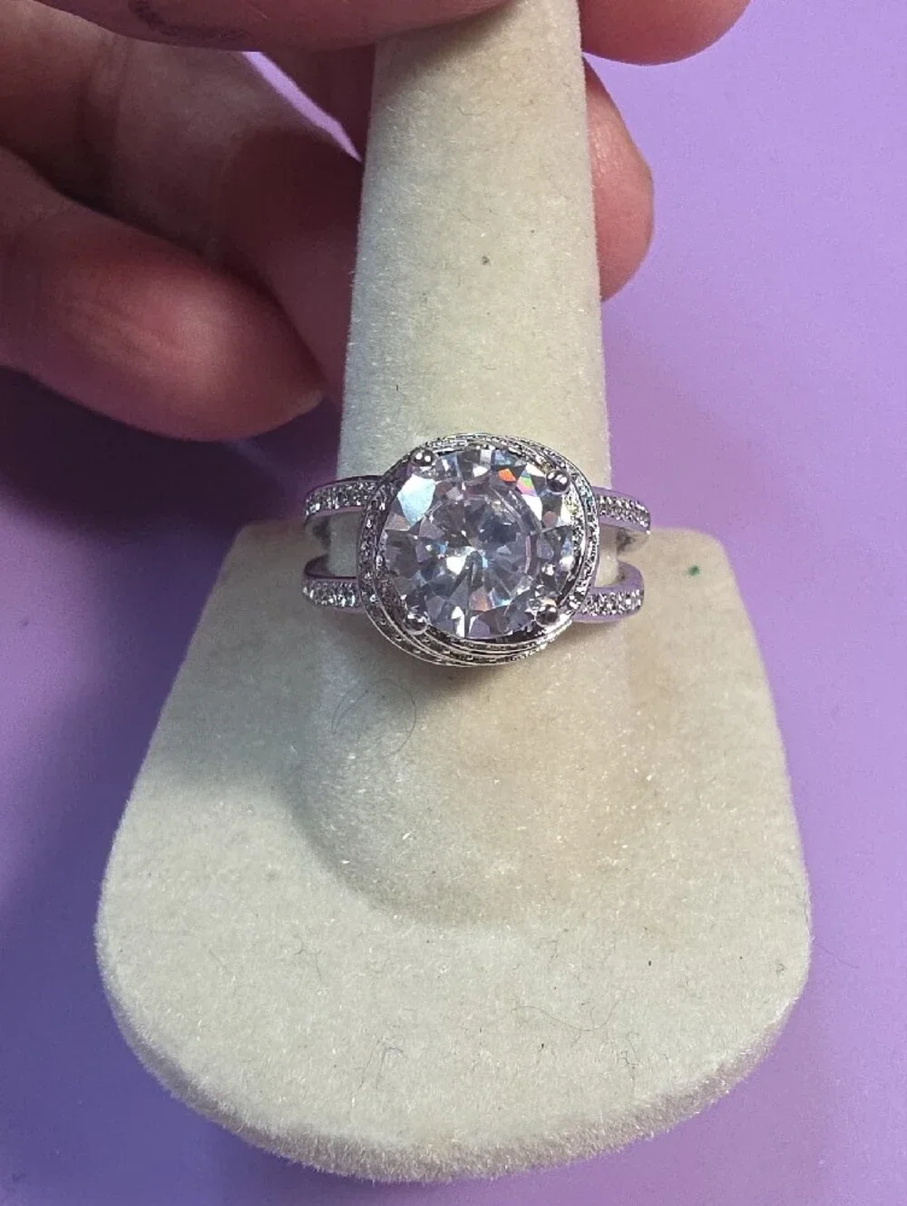 Silver Halo Ring with Large White Cubic Stone